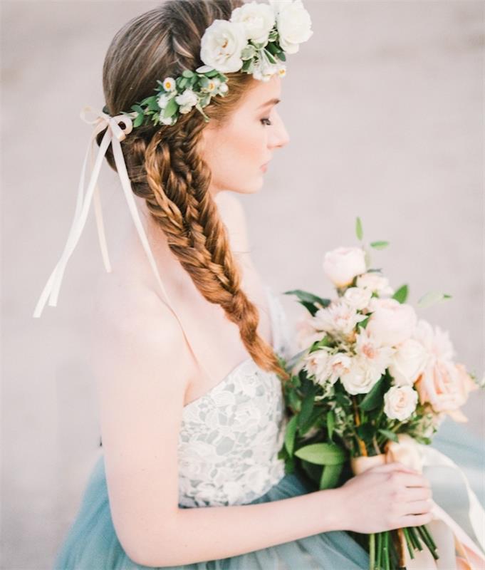 fläta bröllop frisyr idé med flera afrikanska flätor samlade i en enda omfattande fläta, krona av färska blommor