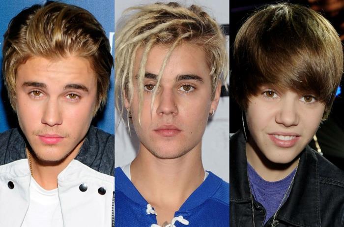 Strih Justina Biebera, vlasy sčesané dozadu, zapletaný účes blond vlasy, vlasy vpredu suché