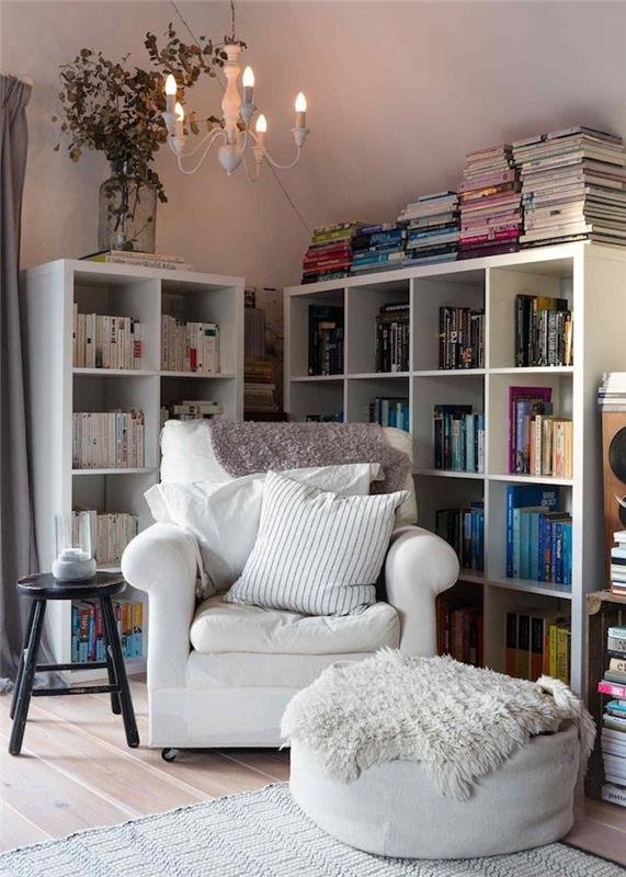 kokon na čítanie rohový kreslo biele kreslo biely osmanský biely koberec rohová knižnica obývacia izba deco