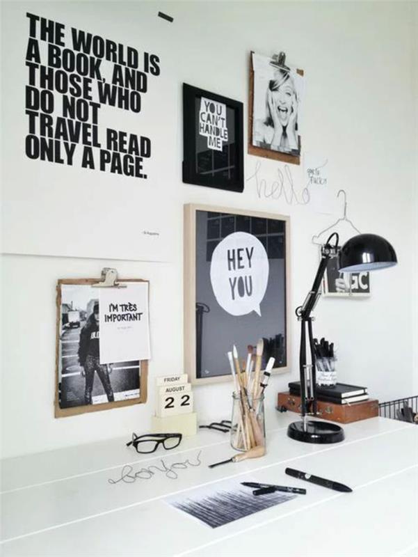 svartvitt rum, 9m2 sovrum, möblera 15m2 studio, med fina meddelanden, svart metall skrivbordsljus