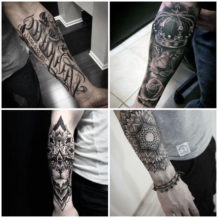 Collage di tattoo avambraccio di uomini con motivi di mandala e animali