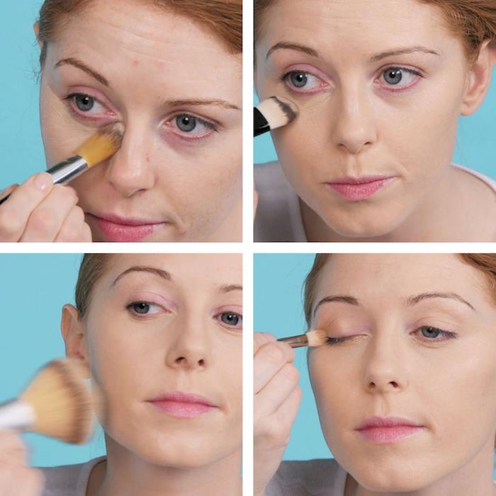 tutoriál prvého kroku pre ľahké nalíčenie make -upu pomocou očných tieňov a poprášenia líc