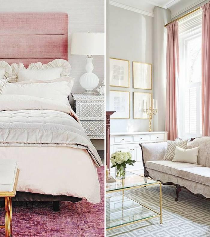 Sivá a ružová myšlienka dekorácie púdrovo ružová staroružová farba biela a ružová fantastická spálňa a obývačka v rovnakom štýle