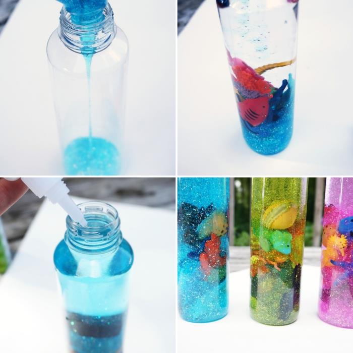 skapa en havseffektflaska fylld med vatten färgat i turkos och djurfigurer, idé för dagismanuell aktivitet
