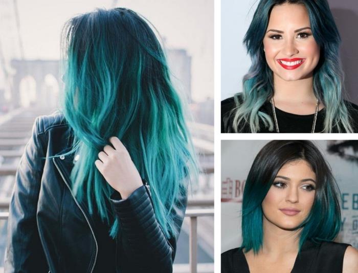 brunetka s viazaním a farbením účesu Demi Lovato s dlhými, mierne kučeravými vlasmi s pastelovo modrým sfarbením