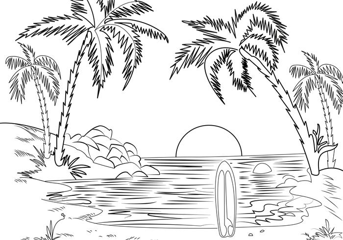تلوين شاطئ المناظر الطبيعية طبيعة غروب الشمس جزيرة النخيل شجرة موجة مياه البحر تصفح الرمال الشمس مكان غريب للطباعة الرسم