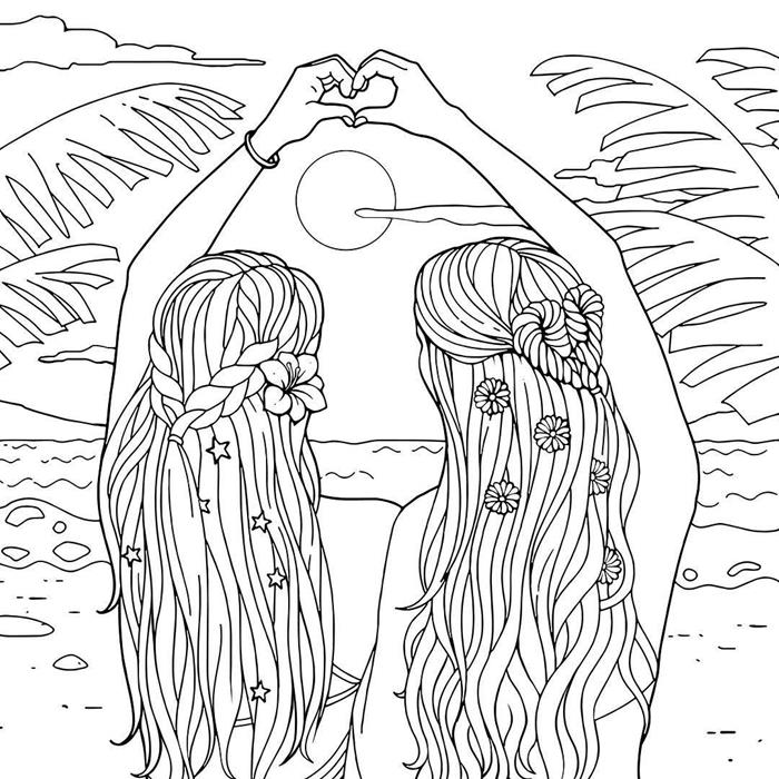 التلوين الصيف الصداقة الفتيات الهبي عطلة شاطئ البحر الشمس شجرة النخيل مضفر تصفيفة الشعر الزهور الغيوم سوار موجة البحر