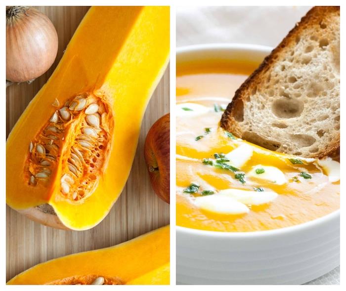 Pezzo di zucca con i sem ، ricetta vellutata di zucca ، fetta di pane immersa nella zuppa