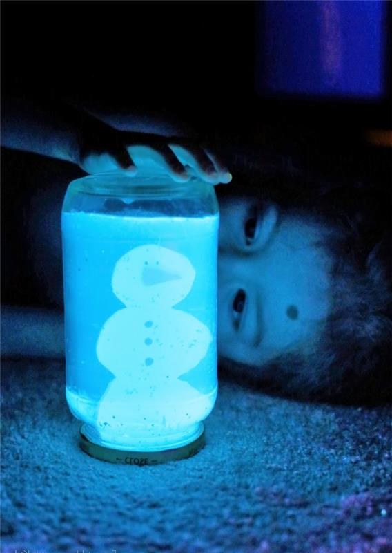 originálny nápad vyrobiť svetielkujúcu snehovú guľu so vzorom snehuliaka