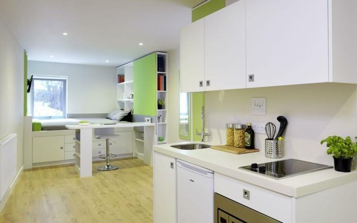 ako zariadiť štúdio v bielej a zelenej farbe, dobre vybavená kuchyňa, poschodová posteľ