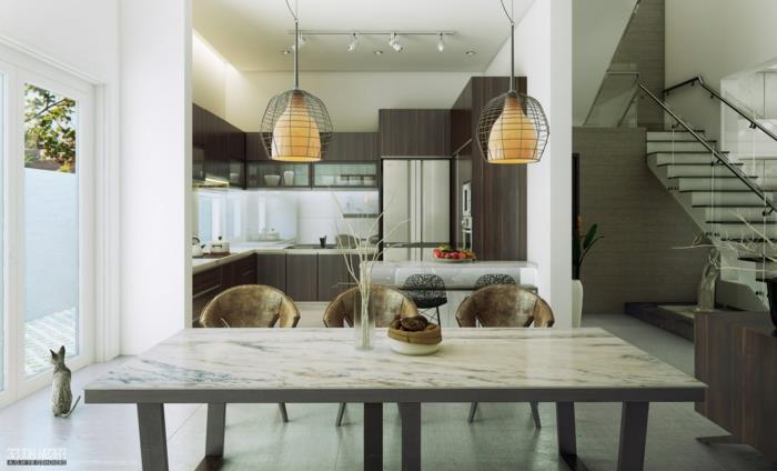 mramorový stôl, moderné schodisko, otvorená kuchyňa, hladká podlaha, súčasné žiarovky