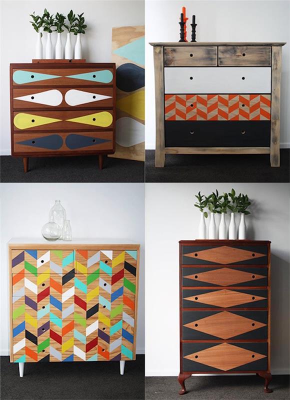upravený nábytok, ako namaľovať kus nábytku, s farebnými geometrickými vzormi, nápad, ako si nábytok prispôsobiť