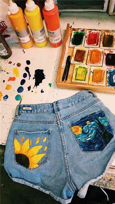 ako prispôsobiť džínsy pomocou farby vreckových maľovaných šortiek v štýle van gogha