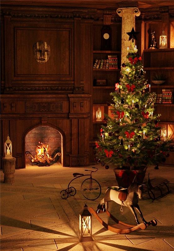 bild av julgran dekorerad med röda band i mitten av ett vardagsrum med öppen spis och stor mörk trä bokhylla