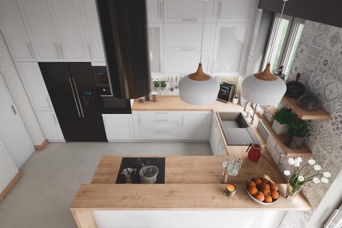 nápad, ako zariadiť kuchyňu v tvare U, kuchynský dekor v minimalistickom duchu s bielym a dreveným nábytkom