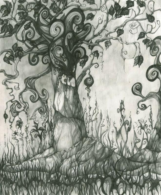 رسم شجرة ميتة رسم شجرة عارية رسم معقد الرسم فكرة مجردة باردة الرسم بالأسود والأبيض