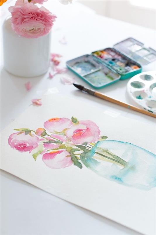 ako nakresliť akvarel kartu s kvetmi ružový kvet v pohári