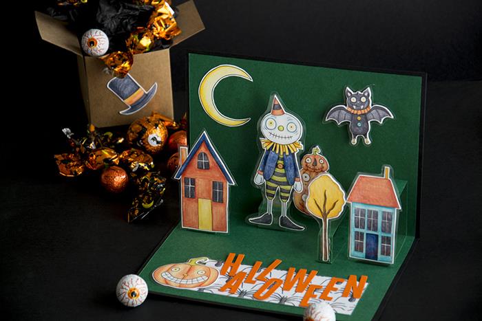 hur man gör ett enkelt halloween kort mörkgrönt kartong figurer scrapbooking papper halloween mönster fågelskräm pumpa bat