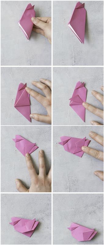 návod na origami na výrobu pekného papierového vtáčika, ktorý by sa dal použiť na výzdobu veľkonočného stolu