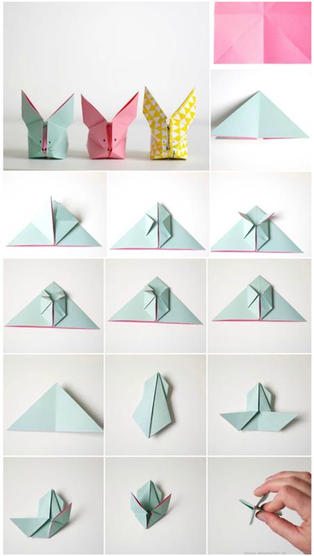 ako vyrobiť papierové zvieratká, aby sa zabavili s deťmi, ozdobné zajačiky z pastelového farebného papiera