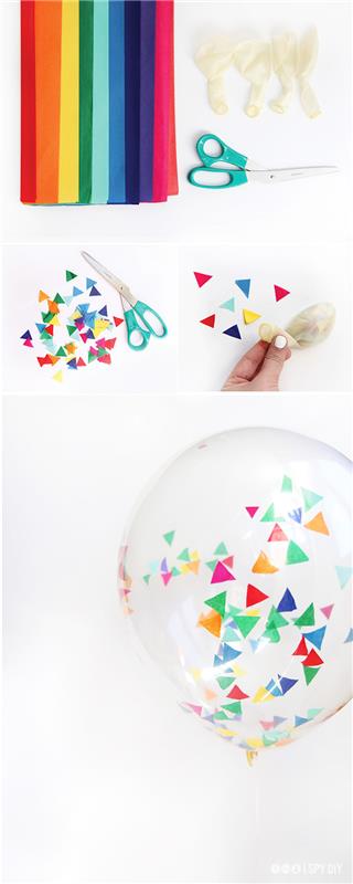 idé för att göra ballonger dekorerade med färgglada silkespapperskonfetti, nyårsdekor för att göra själv
