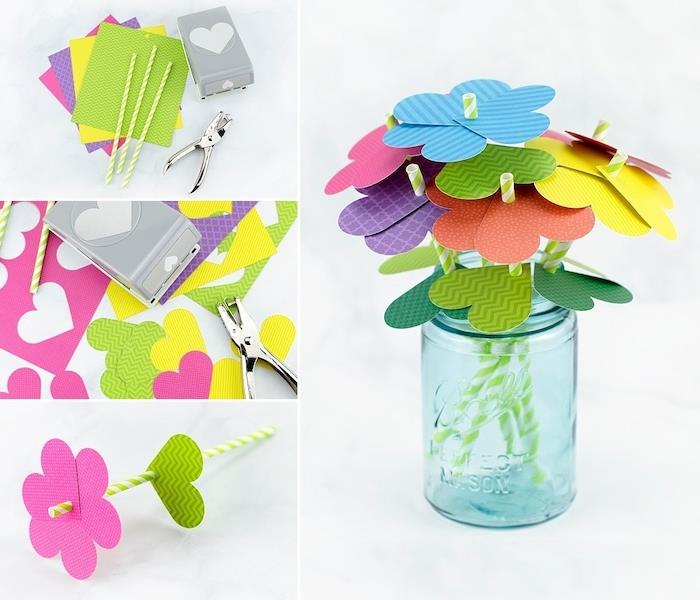 nápad na ľahkú ručnú činnosť, kvety v papierových srdiečkach so stopkou z papierovej slamy, ručná činnosť 2 roky