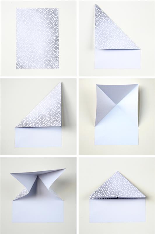kroky skladania papiera na výrobu pekných mini boxov z potlačeného papiera a v tvare srdiečok origami