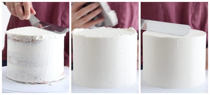 ako natrieť tortu krémom z bieleho masla navrchu a po stranách, jednoduchý nápad na narodeninovú tortu, ktorý si vyrobíte sami