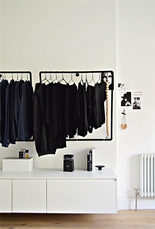 hur man gör ett minimalistiskt omklädningsrum i ditt sovrum, omklädningsrum i ett svartvitt sovrum med minimalistisk garderob och vitt skåp