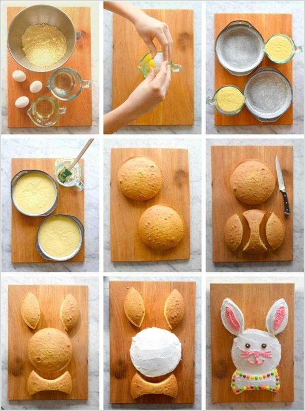 hur man gör en påsktårta i form av en kanin, påskhårtårta som består av flera former skurna från två sockerkakor