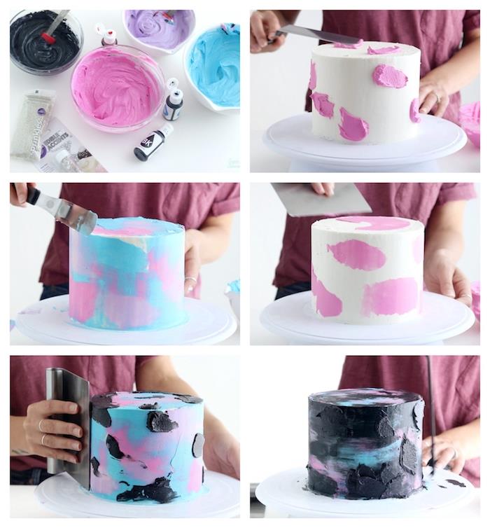 originálna ozdoba na narodeninovú tortu v krémovej, ružovej, modrej, fialovej a čiernej farbe, príklad akvarelovej polevy