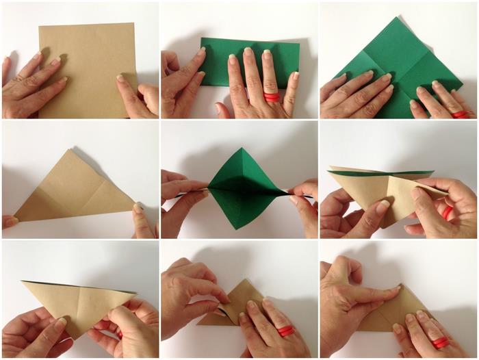 ako prinútiť origami visieť na originálnom dekoratívnom mobile, originálnom modeli zajačika origami z dvojfarebného papiera