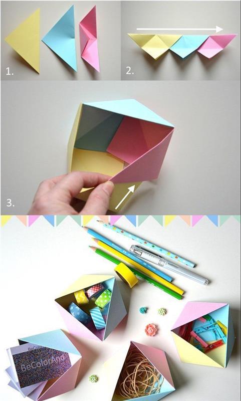 originálne kancelárske doplnky z farebného papiera, rýchly návod na origami na výrobu malých geometrických škatúľ v štýle prázdneho vrecka