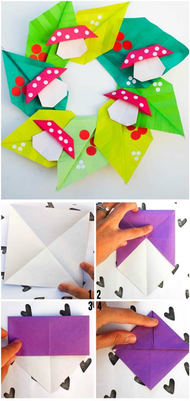 originálny nápad na manuálnu aktivitu origami pre deti ideálnu na jar, ako vyrobiť papierový veniec z listov a húb origami