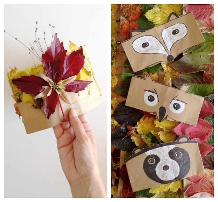 إكليل روضة الأطفال DIY الخريف في كيس ورقي من ورق الكرافت مع رسم حيوان أو ديكو من الأوراق المتساقطة