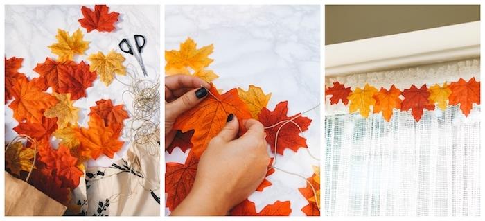 إكليل من أوراق الخريف المتساقطة معلقة على خيط طويل من القنب لخلق زخرفة نافذة الخريف