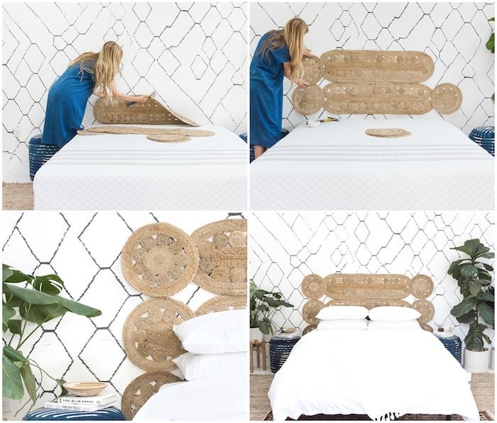 Rotting sänggavel idé dekoration bakom sängen orientalisk stil, vita sängkläder svart och vit tapet