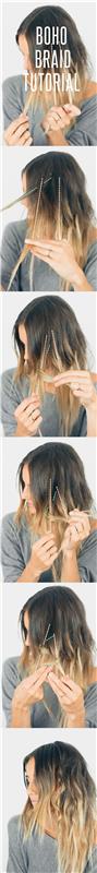 nápad, ako si vyrobiť bohémsky elegantný vrkoč do rozpustených vlasov, jednoduchý a rýchly návod na úpravu účesu, ombré vlasy