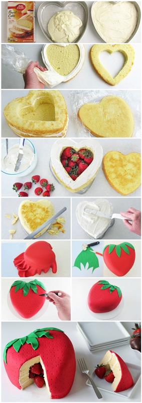 handledning för att göra en hjärtformad jordgubbspinatakaka, täckt med sockerpasta