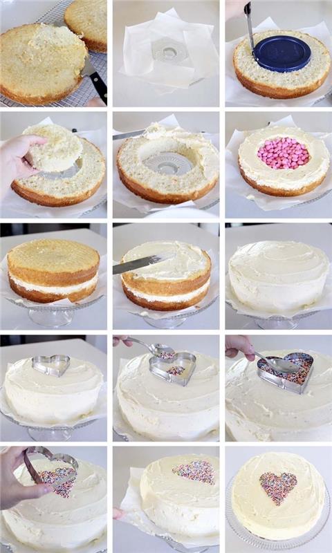 stegen för att montera en skikt med vaniljkaka som döljer godis i mitten, hemlagad baby shower cake -idé