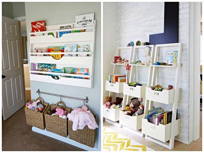 nápady na ukladanie na stenu pre hračky a detské knihy, odklonené nástenné police v sklade hračiek