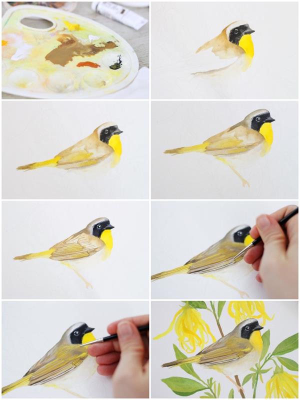 naturalistisk akvarellmålning av en vacker fågel som ligger på en gren, gjord med stor precision