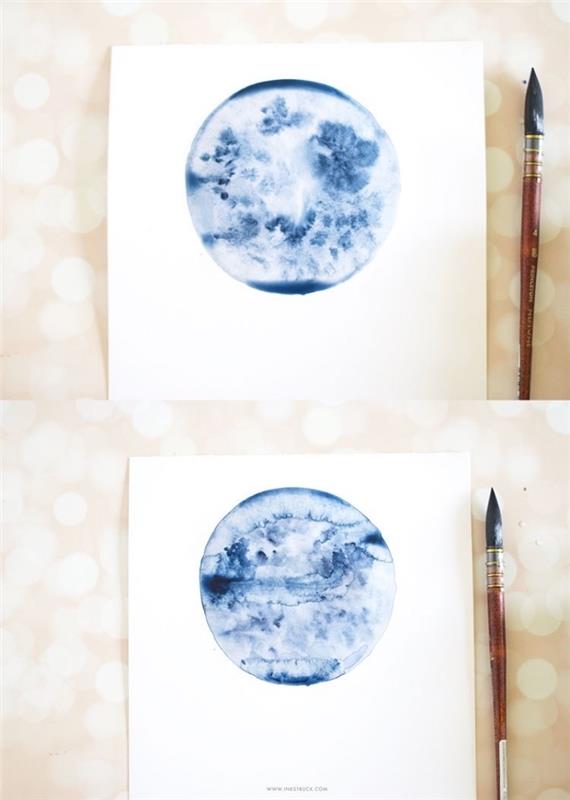 lär dig rita en indigoblå fullmåne i akvarell, akvarellmålningstips med ett enda pigment