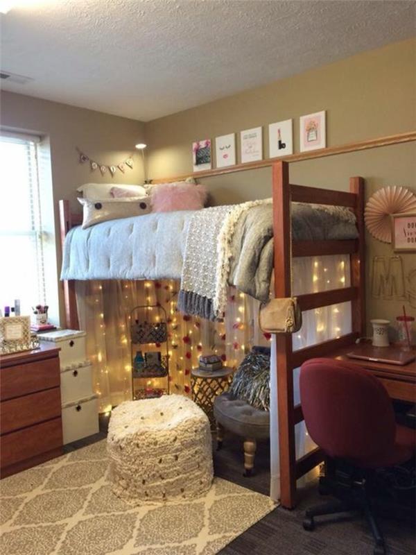 studentrum, lägenhetinredning, möblera ett 10m2 sovrum, beige rektangulär matta, olivfärgade väggar, mobil stol med hjul, fyrkantig ottoman