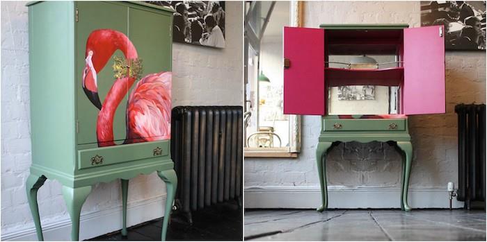 ako namaľovať starý nábytok v pastelovo zelenej farbe s nakresleným vzorom plameniaka, príklad vintage nábytku