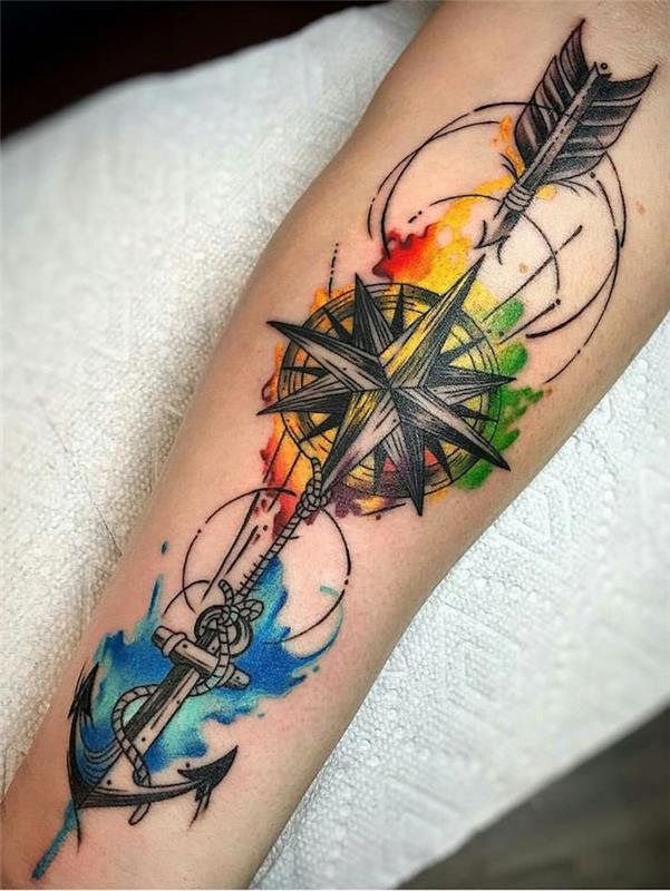 pil med ett ankare, går genom en kompass, tatueringar under armarna, akvarell tatuering