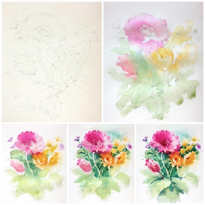 vackert blomsterarrangemang i akvarell gjord med våt-på-vått-tekniken som gör att färgerna blandas naturligt