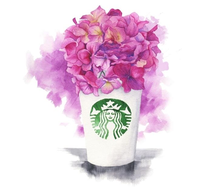 blommig starbucks kopp målad i akvarell, måla lätt att reproducera för att träna de olika akvarellteknikerna