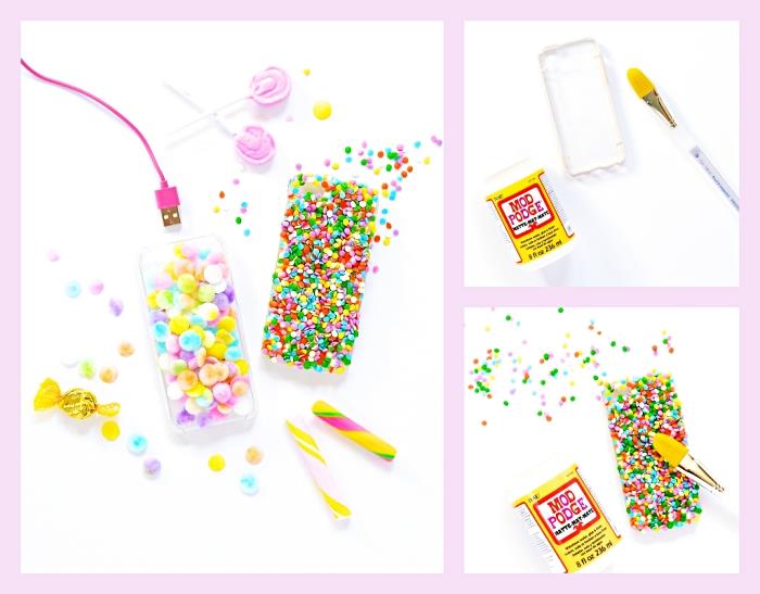 steg för steg för att göra ett personligt telefonfodral med små dekorativa figurer med färgad sockerdesign