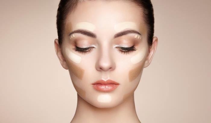 návod na kontúrovanie, jednoduchá aplikácia make -upu na podklad, svetlý podklad a tmavý podklad na kontúrovanie ženskej tváre